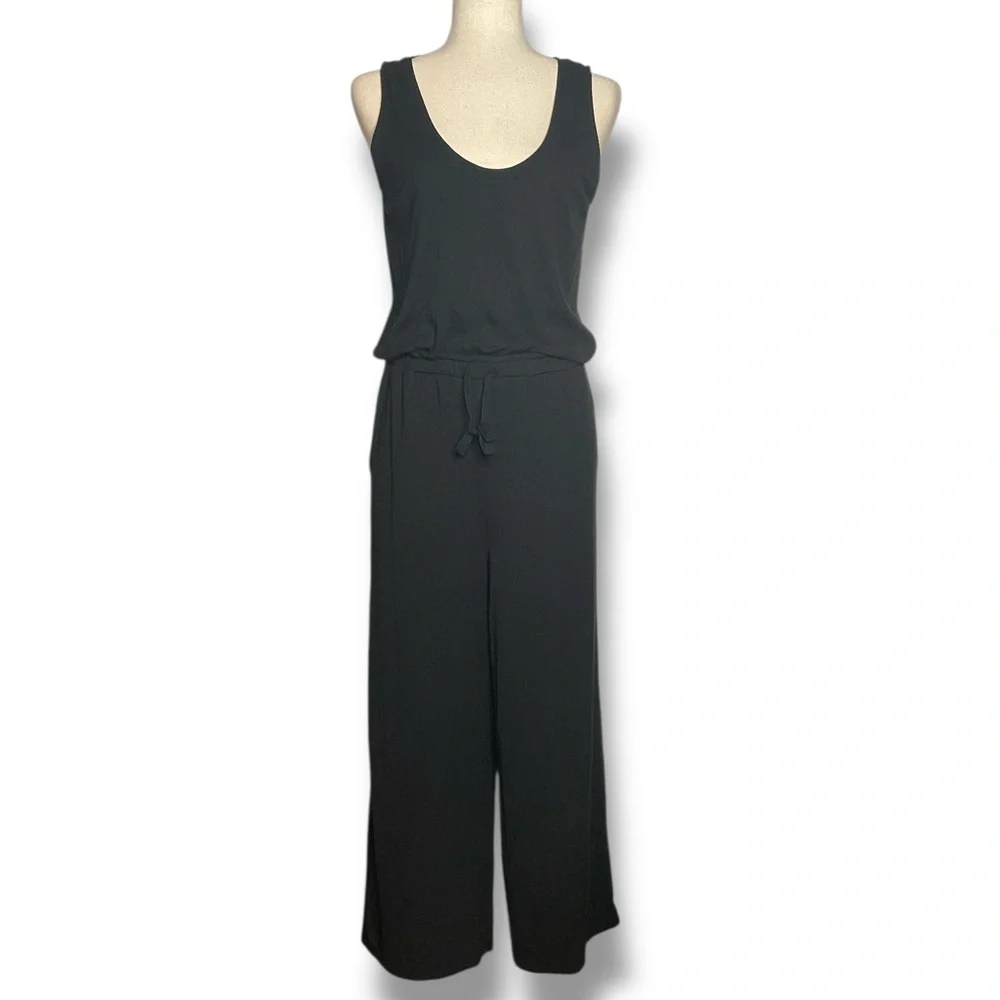 Daily Ritual Black Ribbed Scoop Neck Wide Leg Cropped Lounge Jumpsuit Size Small